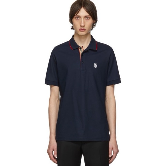 Like New Men’s Size Large Burberry Icon Stripes Walton Polo Shirt In Dark Navy - Picture 1 of 15